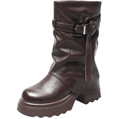 意尔康加绒推推裤管靴女2025冬季新款棕色大筒围骑士靴西部中筒靴