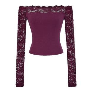 怪力酱 一字肩纯欲蕾丝花边长袖T恤女秋季性感露肩紧身收腰短上衣