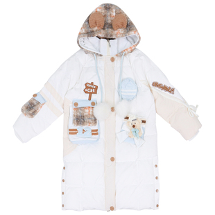 冬学院多口袋蝴蝶结熊耳朵格子毛呢连帽90白鸭绒中长款白色羽绒服