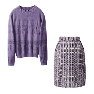 打底毛衣格子半身裙小香风套装