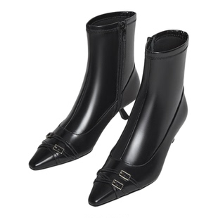 HGK贝尔摩德 2025新款高跟黑色设计风短靴女秋冬牛皮靴子WTZ31DZ5