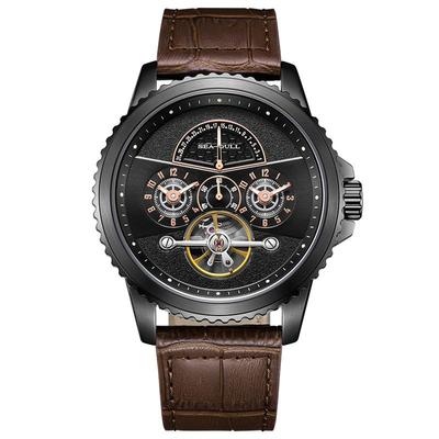 海鸥表双时区飞返手表男士多功能飞轮表夜光自动机械表6172