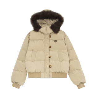 SAIMT美式藏青色毛领短款羽绒服女冬季宽松加厚保暖连帽棉服外套