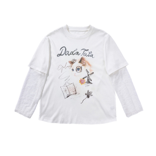 晶咕白标DADATATA【白昼梦游】宽松纯棉蕾丝袖做旧胖mm印花短袖T