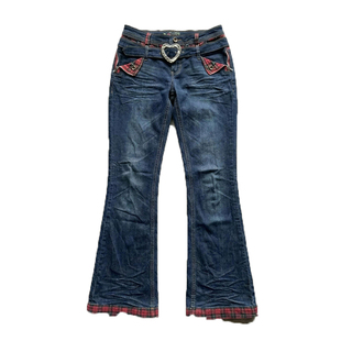 轻亚少女 原创蓝色复古拼接格纹修身显瘦微喇裤百搭牛仔裤春秋女