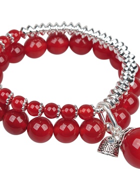 天然红玛瑙手链多圈925银配饰