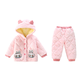 女童连帽珊瑚绒睡衣女宝宝冬季加厚可外穿家居服三层夹棉棉袄套装