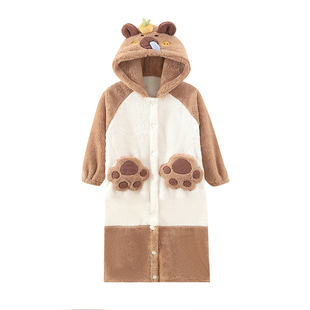 卡皮巴拉女童珊瑚绒睡袍冬加厚长款睡裙女孩初中生法兰绒连体睡衣