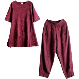 新中式女装国风套装夏棉麻上衣麻料裤子两件套佛系禅意茶服女素衣