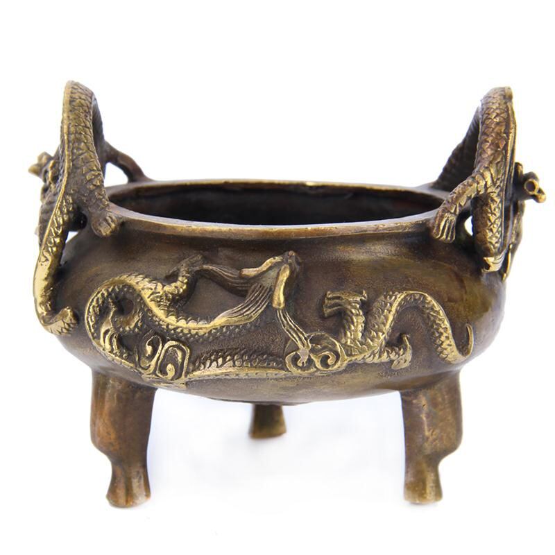 纯铜鼎摆件三足铜鼎双龙财神香炉摆件鼎盛佛具供奉招财