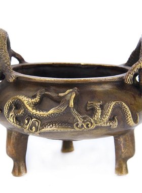 纯铜鼎摆件三足铜鼎双龙财神香炉摆件鼎盛佛具供奉招财