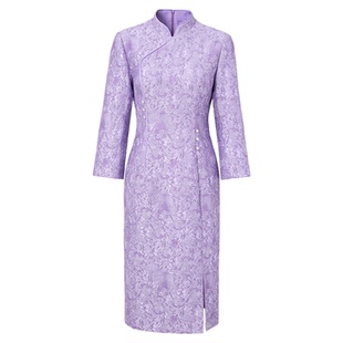 商场同款马天奴2025秋冬新款紫色提花立领修身旗袍新中式连衣裙子