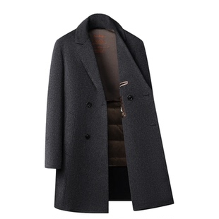 羊绒大衣男士中长款西装领高级灰鹅绒内胆双面呢冬季保暖毛呢外套