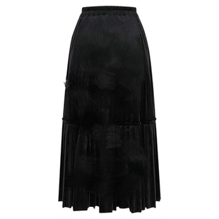 2024秋冬开心自转体秋冬复古黑色半身裙高腰丝绒百褶裙配毛衣长裙