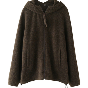 轻奢休闲羊羔毛连帽外套女80%羊毛加厚宽松设计感毛呢短大衣纯色