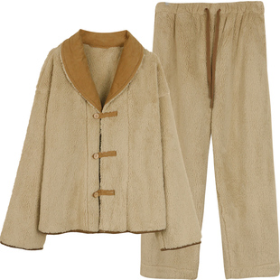 朵朵可可秋冬季新款加厚珊瑚绒宽松简约长袖睡衣男家居服套装