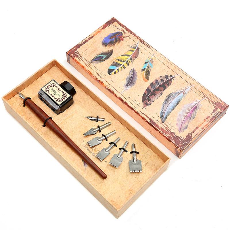 厂家直供木制蘸水笔同学教师笔尖盒羽毛复古墨水套装笔钢笔6礼品