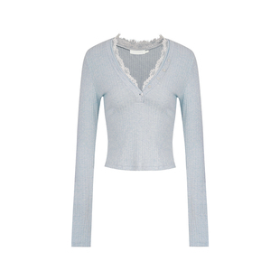 孔雪儿同款Kroche  浪漫法式 双层领设计 蕾丝拼接修身针织衫