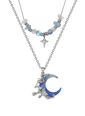 新中式蓝色月牙双层叠戴项链女轻奢小众高级感锁骨链夏季海边配饰