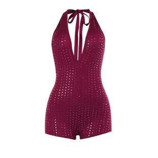 1996heels女王舞蹈室练习服深V性感连体衣大露背显瘦贴钻细闪短裤
