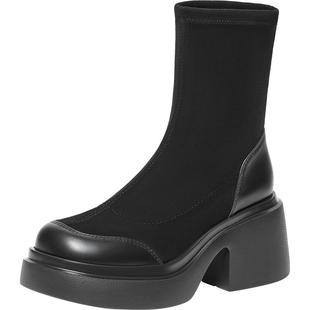 天美意粗跟厚底弹力靴高跟时装靴女复古短靴子冬CPB60DZ3奥莱