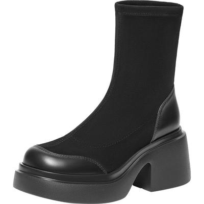 厚底粗跟弹力靴天美意复古