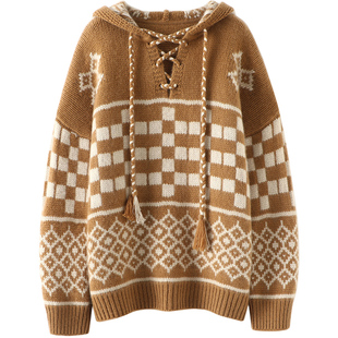 心动调性!重磅加厚!女巫帽羊绒衫女连帽纯羊绒毛衣针织帽衫宽松