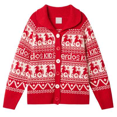 【100%山羊绒】鄂尔多斯童装秋冬翻领马虚提红色儿童休闲开衫