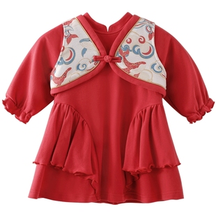 女宝宝裙子套装新年服周岁礼服女童春秋季连衣裙两件套儿童演出服