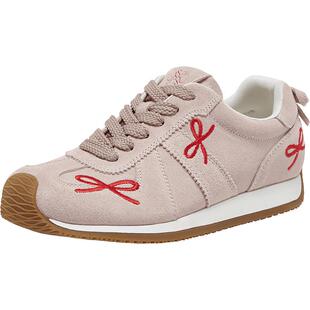 百思图2025秋新款真皮厚底红色德训鞋女阿甘鞋运动休闲鞋WX681CM5