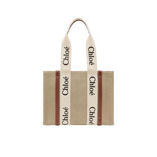 【自营】Chloe/蔻依Woody中号小牛皮帆布托特包节日礼物送女友