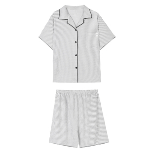 馨帮帮Homedress 夏季条纹翻领睡衣女款可外穿休闲套装短袖家居服