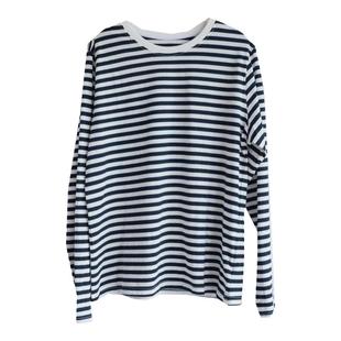 2025春夏新款纯棉简约宽松正肩黑白简约条纹圆领打底衫T恤女潮