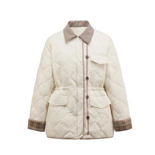 宛宛大码米白色菱形格翻领撞色羽绒服女冬季胖mm宽松白鸭绒外套潮