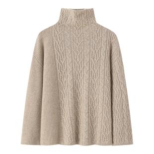 阿绒源100山羊绒堆领女套衫驼色加厚双股元宝针宽松休闲短款毛衣