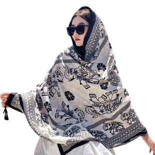 民族风围巾防晒披肩女云南青海草原旅游穿搭丝巾海边沙滩纱巾薄款