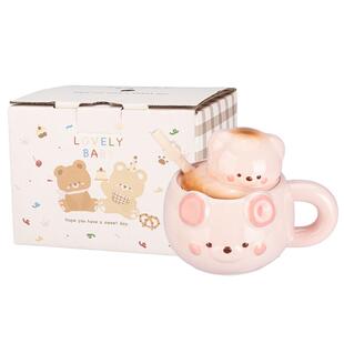摩登主妇小熊带盖马克杯陶瓷杯家用喝水杯三八节礼物吸管咖啡杯子