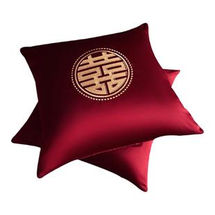 高档酒红纯棉婚庆抱枕100支长绒棉刺绣靠垫结婚床品45*45CM60*60