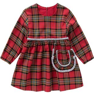 JUZI STORE童装梭织格撞色花边口袋长袖连衣裙女童1936203