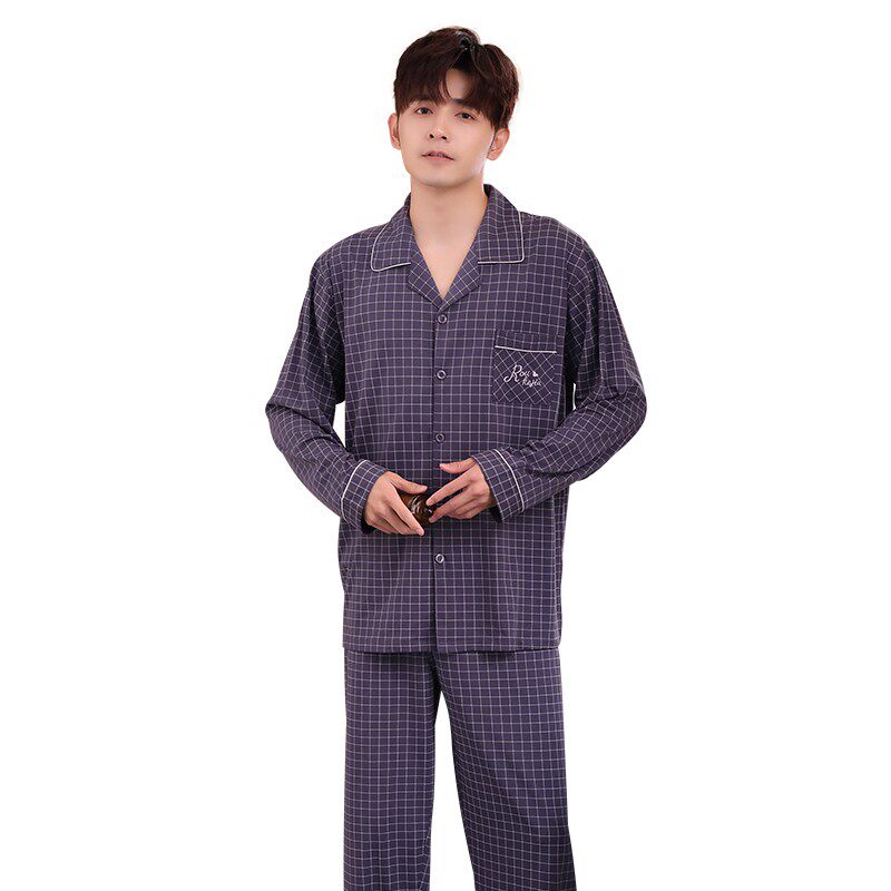 柔可佳春夏季新款男士春季薄款格子宽松男睡衣春秋情侣家居服套装