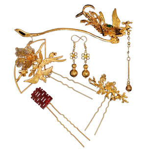 新中式新娘头饰秀禾服金色小套装发钗步摇金凤凰发簪原创设计