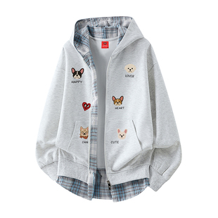 查尔斯桃心 小狗印花假两件连帽开衫卫衣男女春秋季休闲格子外套