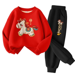 拉夏贝尔儿童红色套装2026马年女童本命年红色卫衣男童冬季拜年服