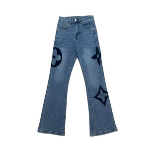 大码女装2026新款春季高腰弹力印花微喇牛仔裤女胖mm九分显瘦裤子