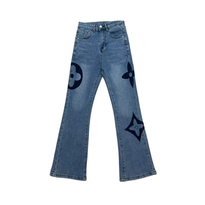 大码女装2025新款秋季高腰弹力印花微喇牛仔裤女胖mm九分显瘦裤子