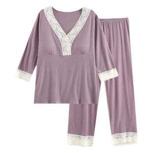 蕾丝花边带胸垫免穿BRA睡衣女士春夏季莫代尔顺滑弹力家居服套装