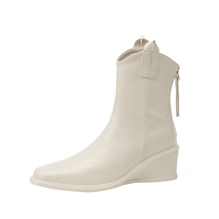 真皮~米白色坡跟方头短靴女加绒2025秋冬款厚底不累脚瘦瘦靴韩版