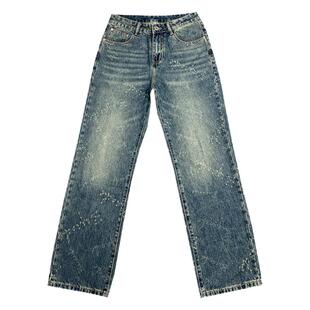 美式高街水洗字母刮痕深蓝牛仔裤男宽松直筒长裤潮牌痞帅炸街裤子