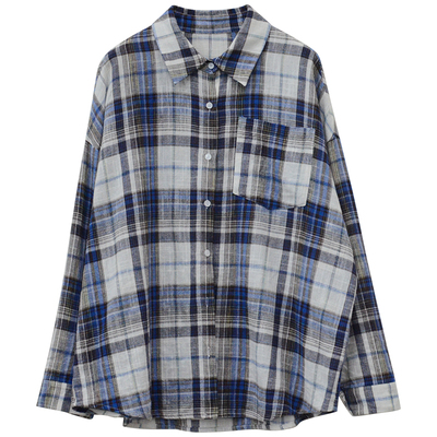 333sss 复古宽松休闲轻薄舒适格子衬衫女长袖衬衣秋季薄外套短款