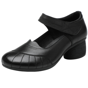 红蜻蜓女鞋春秋鞋子单鞋女真皮高跟鞋粗跟低跟小皮鞋中老年妈妈鞋